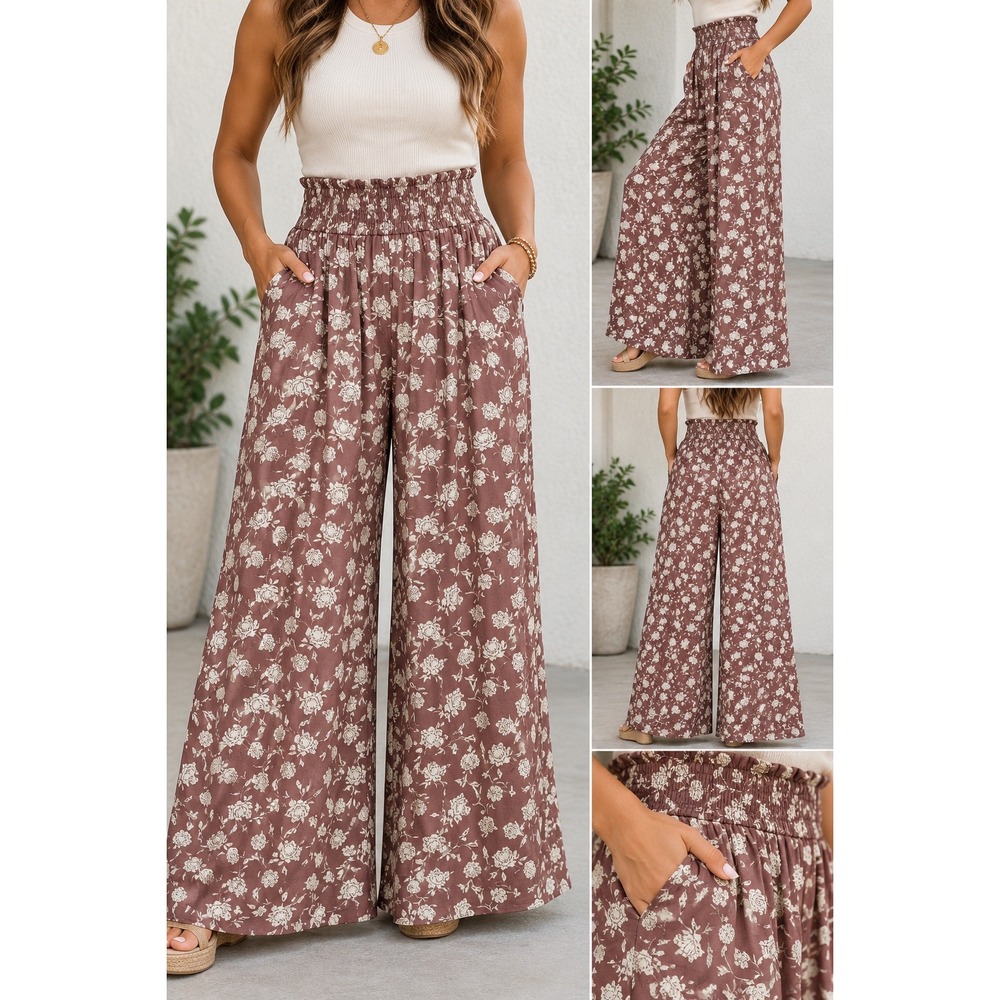 Bucket List Mauve Floral Smocked High Waist Wide Leg Palazzo Pants Large/XL
